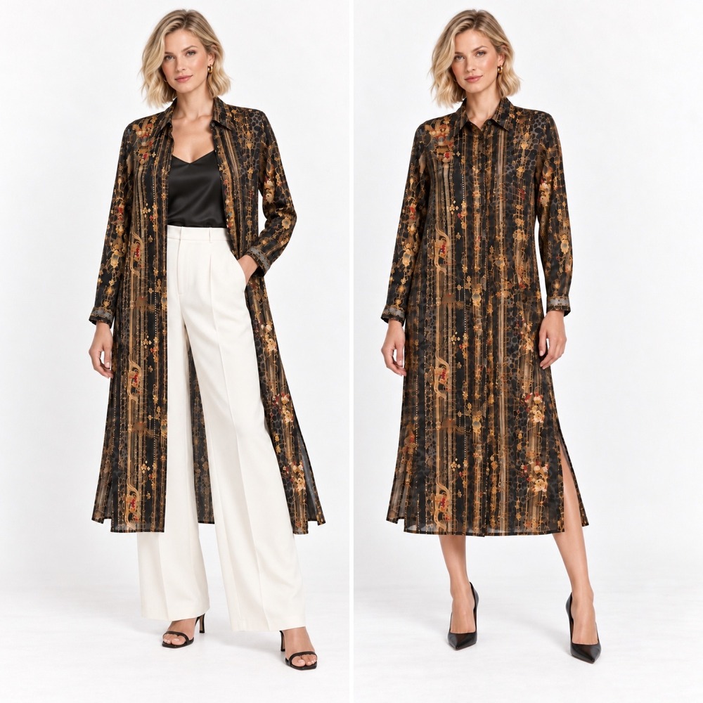 Jayshree Dalal Shirt Dress Size S Viscose Silk Baroque Leopard Maxi Duster